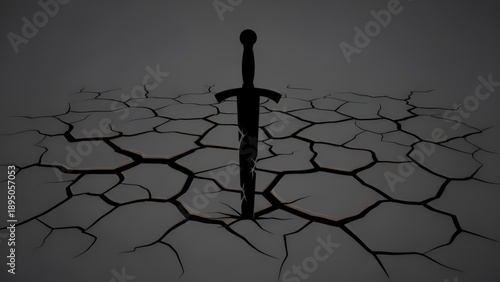 Sword standing in cracked dry earth under dramatic lighting