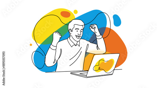 Excited man celebrating triumph with laptop and colorful abstract shapes
