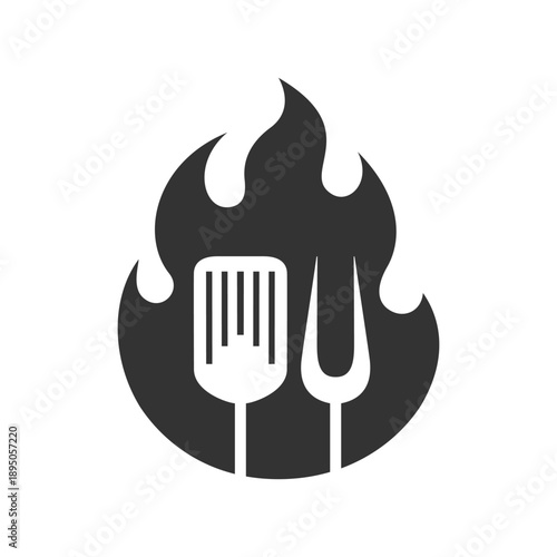 Barbecue logo graphic design template. Barbecue tools and flame sign isolated on white background. Vector illustration