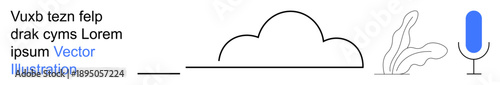 Technology, media communication, creativity, podcasting, sound recording, audio production. A minimalist composition showing a cloud, plant and microphone outlines. Technology and media