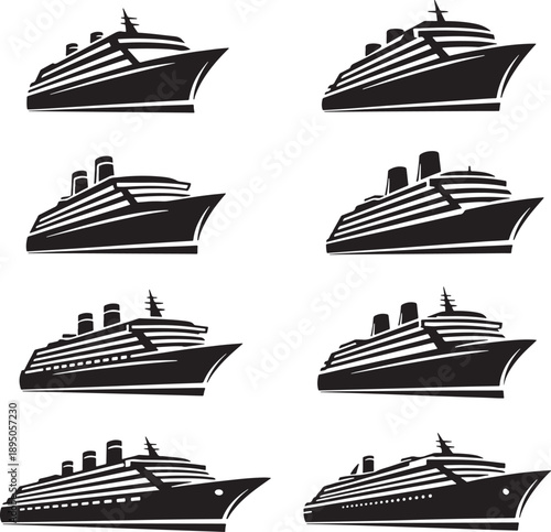 Set of Six Minimalist Cruise Ship Vectors for Travel and Tourism Designs