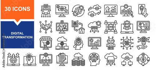 Vector set of digital transformation line collection. Containing digital, transformation, data, cloud, modernization