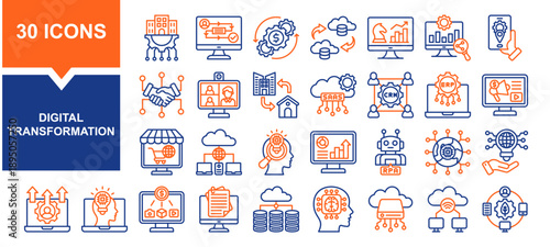 Vector set of digital transformation color collection. Containing digital, transformation, data, cloud, modernization