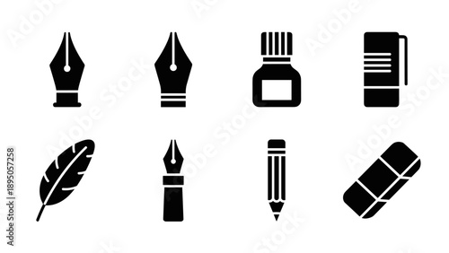 Essential writing tools icons in bold silhouette style
