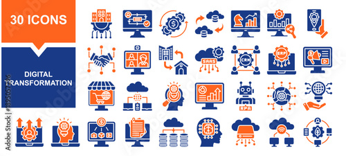 Vector set of digital transformation fill collection. Containing digital, transformation, data, cloud, modernization