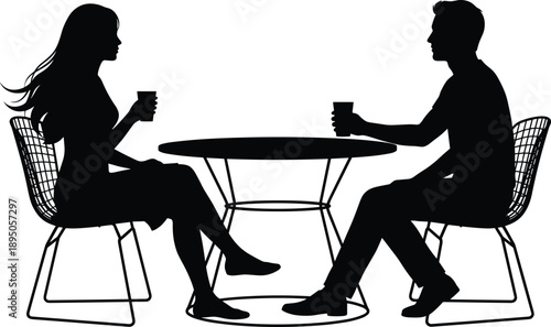 Couple silhouette sitting at cafe table, man and woman drinking coffee, romantic conversation, dating relationship, minimal black vector illustration design