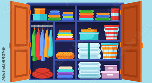 Organized closet vector illustration with neatly folded clothes and storage bins, a clean and tidy home organization concept