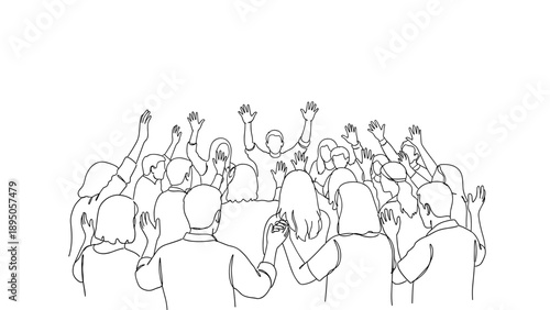 Community gathering celebration with raised hands in line art style