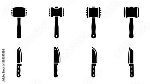 Silhouette set of knives and meat mallets for kitchen tools collection
