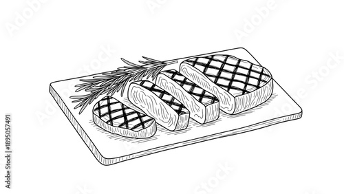 Grilled steak with rosemary garnish on cutting board in hand drawn style