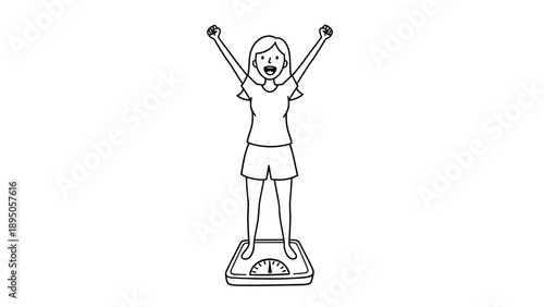 Celebrating weight loss success: happy woman on scale in linear style