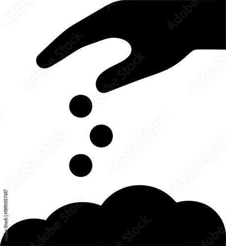 Hand sowing seed on soil mound icon concept of agriculture, planting, growing, gardening. Simple black and white vector illustration for web design