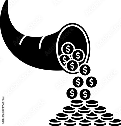 Horn of plenty with dollar coins spilling out, representing wealth and prosperity. Financial abundance vector icon for business design
