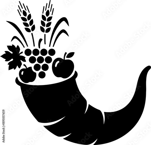 Cornucopia horn of plenty symbol with harvest fruit vegetable and wheat. Thanksgiving and autumn concept. Vector icon for sign, logo