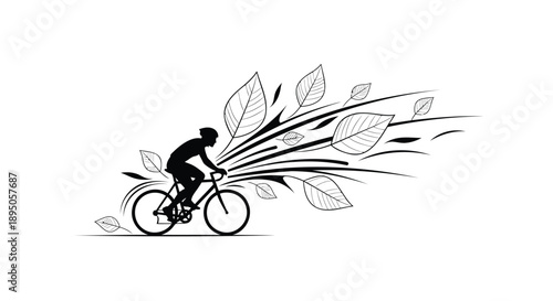 Cyclist riding fast with leaves blowing behind on a white background