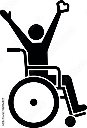 Professional black silhouette icon of a person in a wheelchair with arms raised in celebration for accessibility inclusion and medical disability awareness