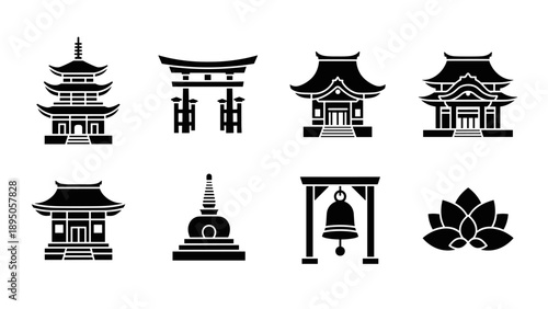 Silhouette icons of traditional japanese temples and symbols