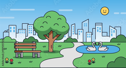 City park landscape vector illustration with bench and pond, perfect for websites and banners