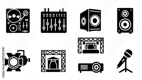 Silhouette music equipment icons: mixer, speaker, stage, microphone, projector
