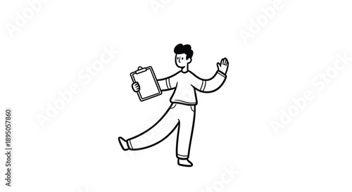Man in casual clothes running with clipboard and greeting with right hand
