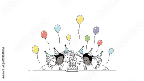 Cute cartoon children celebrating birthday with cake and balloons