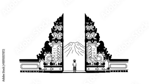 Minimalist gateway to balinese temple with mountain view in black and white silhouette art