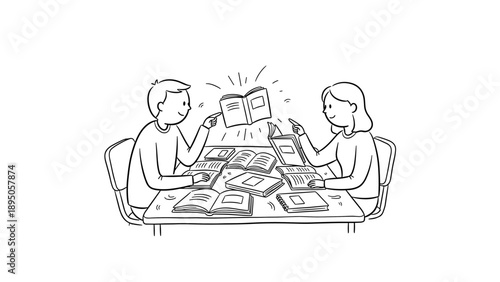 Two students studying together with open books in a linear style illustration