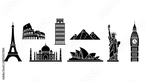 Silhouette icon set of famous global landmarks in black and white