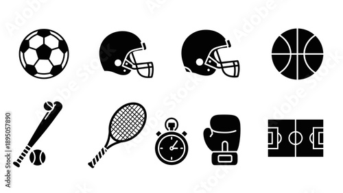 Silhouette set of sports equipment icons: football, tennis, boxing, soccer, basketball