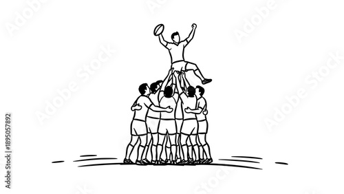Rugby players lifting teammate in celebration line art