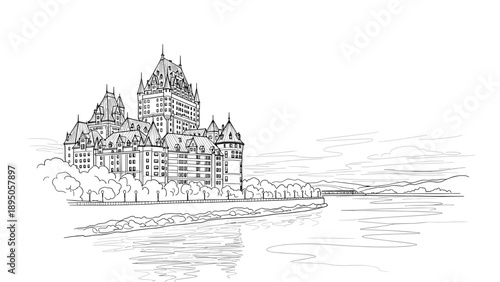 Majestic castle by the river with scenic landscape in monochrome line art style
