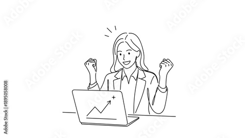 Excited business professional celebrating success with rising chart on laptop in linear art