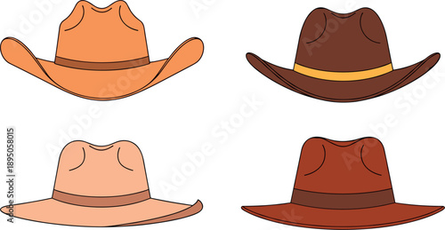 Professional vector set of classic western cowboy hats and stylish fedoras in various shades of brown and tan for fashion design and headwear concepts