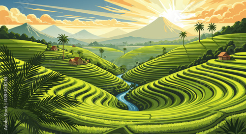 Stunning Vector Illustration of Lush Green Rice Terraces and Tropical Landscape at Sunrise, EPS