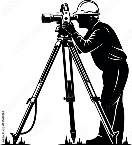 Professional land surveyor silhouette using a theodolite total station on a tripod, civil engineer wearing hard hat working on construction site project.