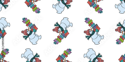 Сhristmas seamless pattern, сheerful snowman carrying various gift boxes, wallpaper, wrapper, vector background, hand drawn illustration
