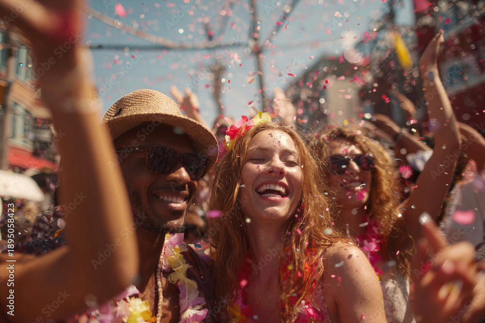 Obraz premium Friends celebrating Carnival as confetti falls in the street