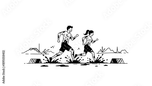Dynamic silhouette of two runners navigating a muddy obstacle course