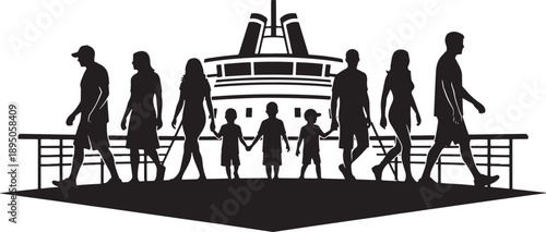 Family Boarding Cruise Ship Silhouette Vector Illustration for Travel and Vacation Designs