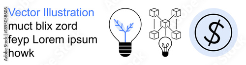 Innovation, financial technology, blockchain system, creative thinking, digital economy, growth ideas. Lightbulb, dollar sign and blockchain linkage. Innovation and financial technology concepts