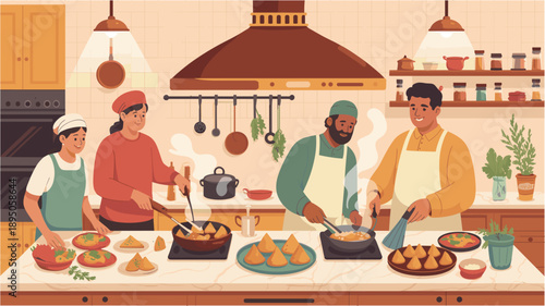 Family cooking together in kitchen preparing traditional food dishes and samosas