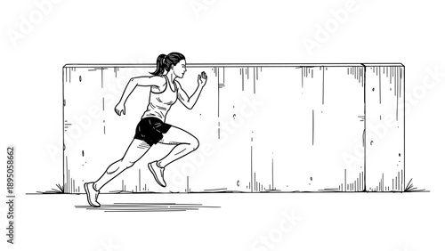 Dynamic female runner training outdoors in black and white sketch style