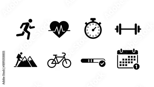 Fitness and health icons collection featuring sport, heartbeat, and calendar symbols