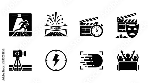 Dynamic cinema and sports icons: silhouette movie and race symbols