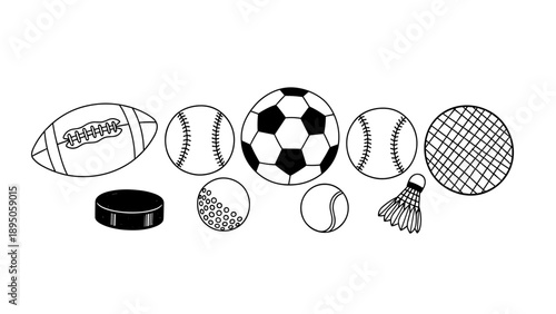 Monochrome outline of various sports balls and equipment on white background