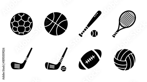 Silhouette set of sports equipment icons for various activities