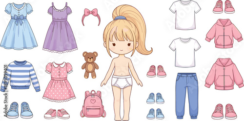 Comprehensive Vector Paper Doll Kit Featuring a Cute Blonde Girl Character with Customizable Outfits, Fashionable Dresses, Shoes, Backpack, and Teddy Bear Accessories