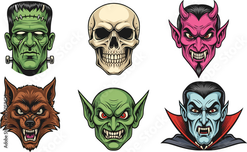 Set of scary cartoon Halloween monster characters including Frankenstein skull devil werewolf goblin and vampire for horror and spooky branding design