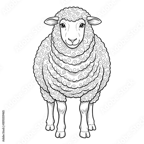 Detailed Curly Sheep Line Art - Realistic Lamb Animal Coloring Page for Adults and Kids