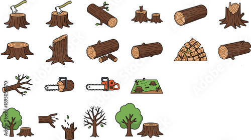 Set of tree stumps, logs, firewood, and chainsaw illustrations, cartoon style vector elements for forestry, lumber, woodcutting, and nature concepts